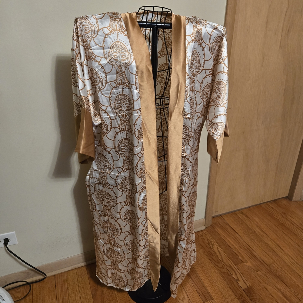 White and Gold Satin Kimono Robe with Gold Trim